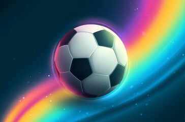 Naklejka premium A black and white soccer ball moves swiftly against a background of dynamic, colorful light trails. It symbolizes the thrilling energy for World Cup 2026 in Mexico, USA, and Canada.