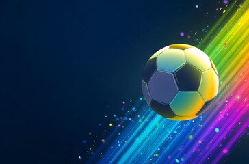 Naklejka premium A black and white soccer ball moves swiftly against a background of dynamic, colorful light trails. It symbolizes the thrilling energy for World Cup 2026 in Mexico, USA, and Canada.
