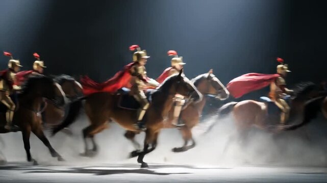 Roman Soldiers in Gold Armor and Red Capes Riding Horses in a Dramatic Arena Show with Spotlight Beams and Dust