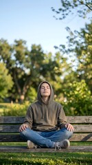 Obraz premium Young woman in hoodie meditating peacefully on park bench with eyes closed, surrounded by green trees and natural sunlight for wellness and mindfulness content.