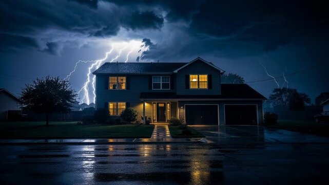 Nighttime suburban house with lightning storm and wet street reflecting lights in dramatic weather scene