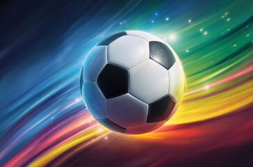 Naklejka premium A black and white soccer ball moves swiftly against a background of dynamic, colorful light trails. It symbolizes the thrilling energy for World Cup 2026 in Mexico, USA, and Canada.