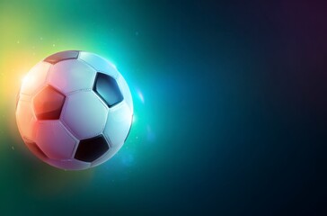 Naklejka premium A black and white soccer ball moves swiftly against a background of dynamic, colorful light trails. It symbolizes the thrilling energy for World Cup 2026 in Mexico, USA, and Canada.