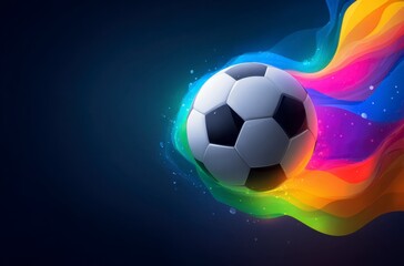 Naklejka premium A black and white soccer ball moves swiftly against a background of dynamic, colorful light trails. It symbolizes the thrilling energy for World Cup 2026 in Mexico, USA, and Canada.