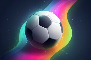 Naklejka premium A black and white soccer ball moves swiftly against a background of dynamic, colorful light trails. It symbolizes the thrilling energy for World Cup 2026 in Mexico, USA, and Canada.