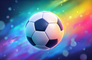 Naklejka premium A black and white soccer ball moves swiftly against a background of dynamic, colorful light trails. It symbolizes the thrilling energy for World Cup 2026 in Mexico, USA, and Canada.