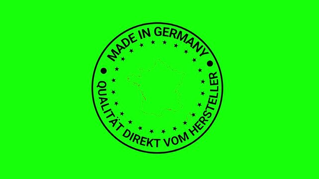 A dynamic animation of a Made in Germany badge featuring a Germany map outline, star accents, and quality seal text, ideal for product branding, certification, and promotional videos.