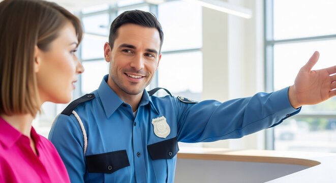 Friendly Male Security Guard in Blue Uniform Giving Directions and Ass