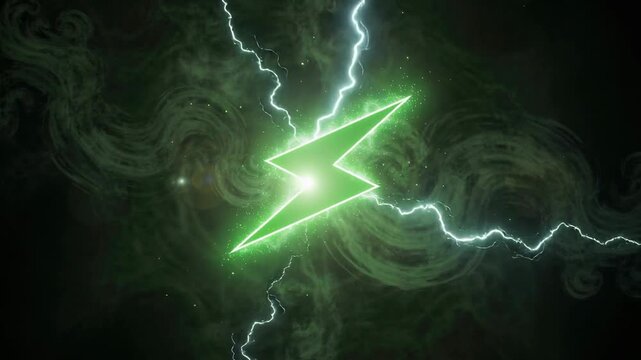 Glowing green lightning bolt with electric energy and smoke effects in dark background