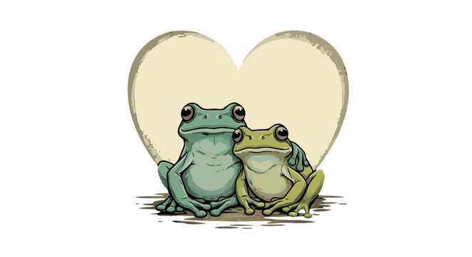 A cute green cartoon frog sitting with a happy smile and holding a heart, featuring a funny comic character illustration isolated on a white background for nature and wildlife vector art