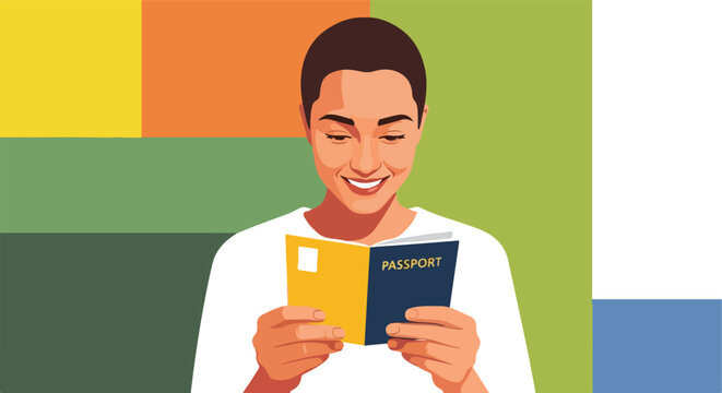 A smiling woman holding and looking at an open travel passport document icon
