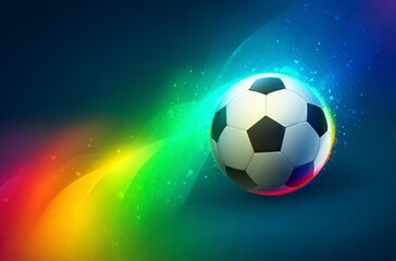 Naklejka premium A black and white soccer ball moves swiftly against a background of dynamic, colorful light trails. It symbolizes the thrilling energy for World Cup 2026 in Mexico, USA, and Canada.