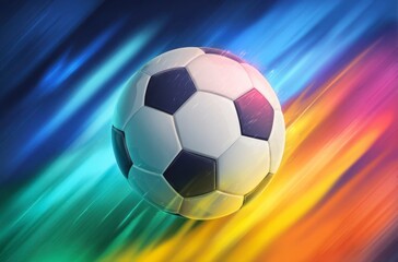 Naklejka premium A black and white soccer ball moves swiftly against a background of dynamic, colorful light trails. It symbolizes the thrilling energy for World Cup 2026 in Mexico, USA, and Canada.
