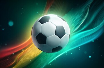 Naklejka premium A black and white soccer ball moves swiftly against a background of dynamic, colorful light trails. It symbolizes the thrilling energy for World Cup 2026 in Mexico, USA, and Canada.