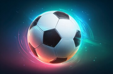 Naklejka premium A black and white soccer ball moves swiftly against a background of dynamic, colorful light trails. It symbolizes the thrilling energy for World Cup 2026 in Mexico, USA, and Canada.