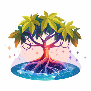 Magical tree with roots submerged in water surrounded by sparkles