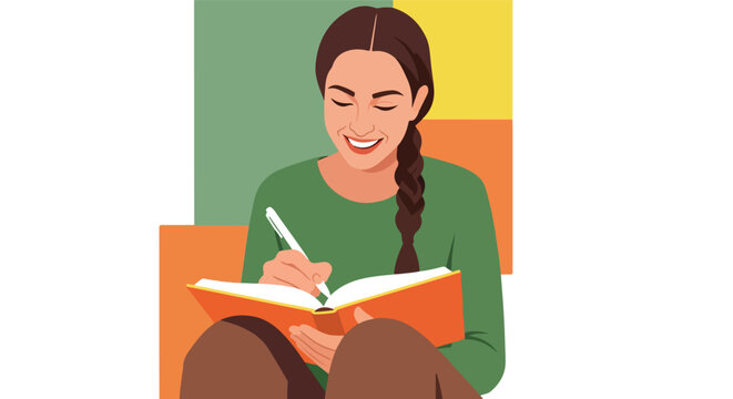 A smiling woman with a braid writing in an orange notebook against color blocks