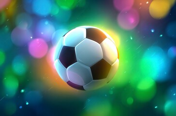 Naklejka premium A black and white soccer ball moves swiftly against a background of dynamic, colorful light trails. It symbolizes the thrilling energy for World Cup 2026 in Mexico, USA, and Canada.