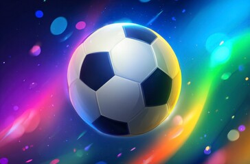 Naklejka premium A black and white soccer ball moves swiftly against a background of dynamic, colorful light trails. It symbolizes the thrilling energy for World Cup 2026 in Mexico, USA, and Canada.