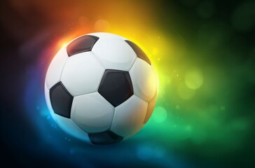 Naklejka premium A black and white soccer ball moves swiftly against a background of dynamic, colorful light trails. It symbolizes the thrilling energy for World Cup 2026 in Mexico, USA, and Canada.