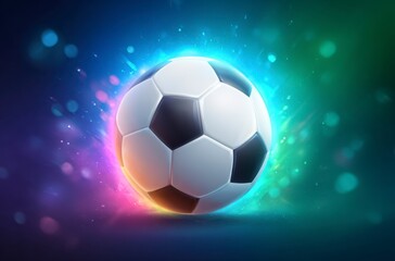 Naklejka premium A black and white soccer ball moves swiftly against a background of dynamic, colorful light trails. It symbolizes the thrilling energy for World Cup 2026 in Mexico, USA, and Canada.