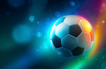 Fototapeta premium A black and white soccer ball moves swiftly against a background of dynamic, colorful light trails. It symbolizes the thrilling energy for World Cup 2026 in Mexico, USA, and Canada.