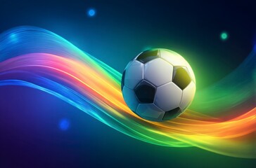 Fototapeta premium A black and white soccer ball moves swiftly against a background of dynamic, colorful light trails. It symbolizes the thrilling energy for World Cup 2026 in Mexico, USA, and Canada.