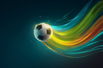Fototapeta premium A black and white soccer ball moves swiftly against a background of dynamic, colorful light trails. It symbolizes the thrilling energy for World Cup 2026 in Mexico, USA, and Canada.