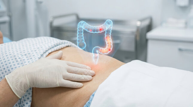 Abdominal pain localization abdomen colon intestine diagnosis medical patient doctor abdominal pain localization during abdomen exam with doctor hand and colon hologram highlight hospital room