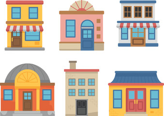 Naklejka premium Flat storefront and building facades illustration set featuring shops, boutiques, and urban architecture elements in colorful modern design style