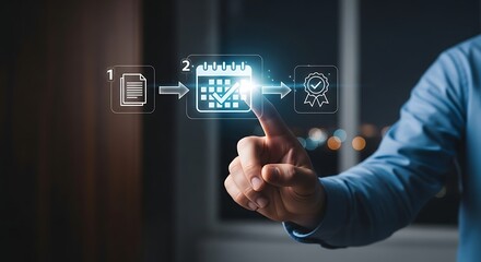 Obraz premium Businessman touching virtual screen with project management workflow icons.