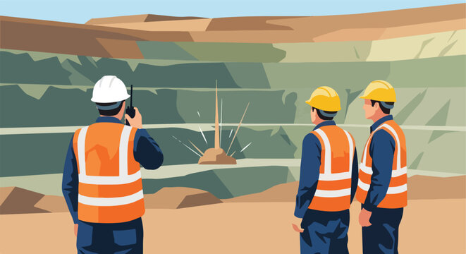 Three workers in safety gear observing an explosion at an open-pit mining site