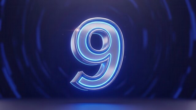 Futuristic Number 9 Metallic Digital Countdown Graphic with Blue Neon Glow