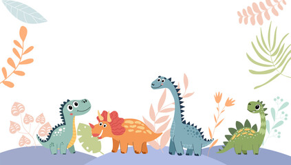 Cute funny dinosaurs in wild nature. Cartoon vector illustration of prehistoric reptile animals for nursery decor or kids party background design. Friendly creature character set. © An Chubenko