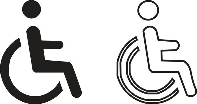 Disabled handicap wheelchair icons, accessibility symbol for public signage, black solid and outline person in wheelchair vector set