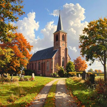 A serene church scene with a path leading to the entrance