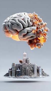 Brain Explosion Over City: A visual representation of a mind-shattering concept, with a detailed brain partially exploding above a miniature city skyline.