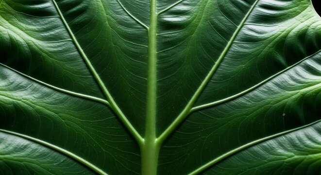 Close-up Macro View of a Vibrant Green Elephant Ear Leaf Veins.
