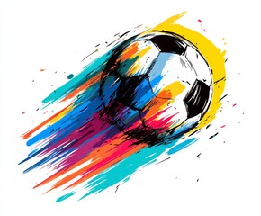 Fototapeta premium A vibrant soccer ball blazes across the frame with colorful motion streaks, capturing the speed and energy of the upcoming 2026 World Cup excitement in Mexico, USA, and Canada.