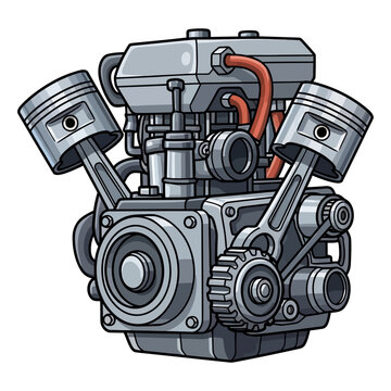 Vector illustration of a mechanical internal combustion engine with pistons and gears for automotive and industrial design