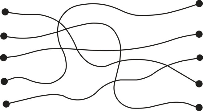 Abstract tangled lines connecting dots, messy network path vector illustration, complex data flow concept with curved black lines on white background