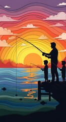Fototapeta premium Father and children fishing silhouette at colorful sunset over water for father's day poster background and outdoor family scene design