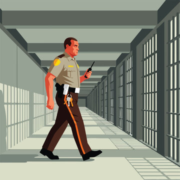 A prison guard walks down a long corridor lined with secure metal cell bars