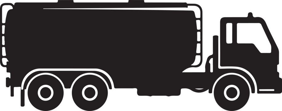 Black garbage truck silhouette, waste management vehicle, sanitation truck icon, vector illustration