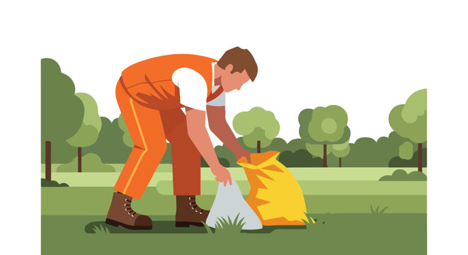 A person in orange uniform picking up litter into a bag in a green park setting