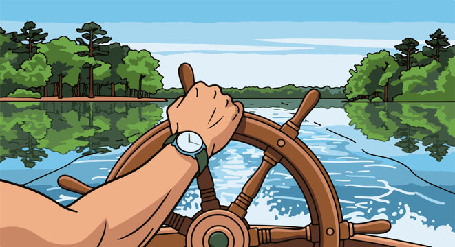 Hand on ship wheel navigating a serene lake bordered by lush green trees