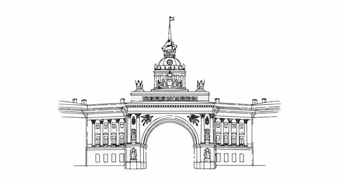 Ornate archway with a central dome and spire, flanked by classical colonnades