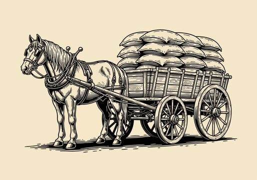 Vintage Woodcut Illustration of a Horse Pulling a Wooden Wagon Filled with Heavy Sacks