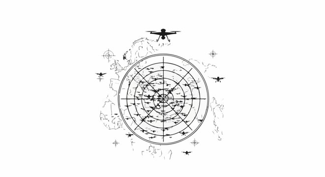 Radar screen displays numerous drones over a map of Europe, suggesting surveillance