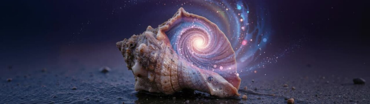 Cosmic Connection And Universal Energy Seashell With Galaxy Inside Representing Interconnectedness Spirituality And Mystical Exploration Of The Universe On Dark Background.
